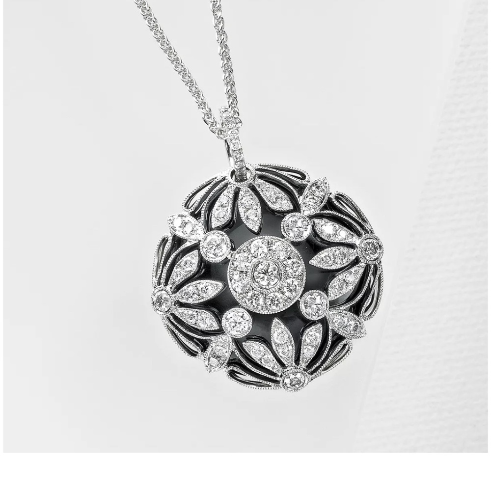 Bloomingdale’s diamond/onyx ring 14K and matching necklace